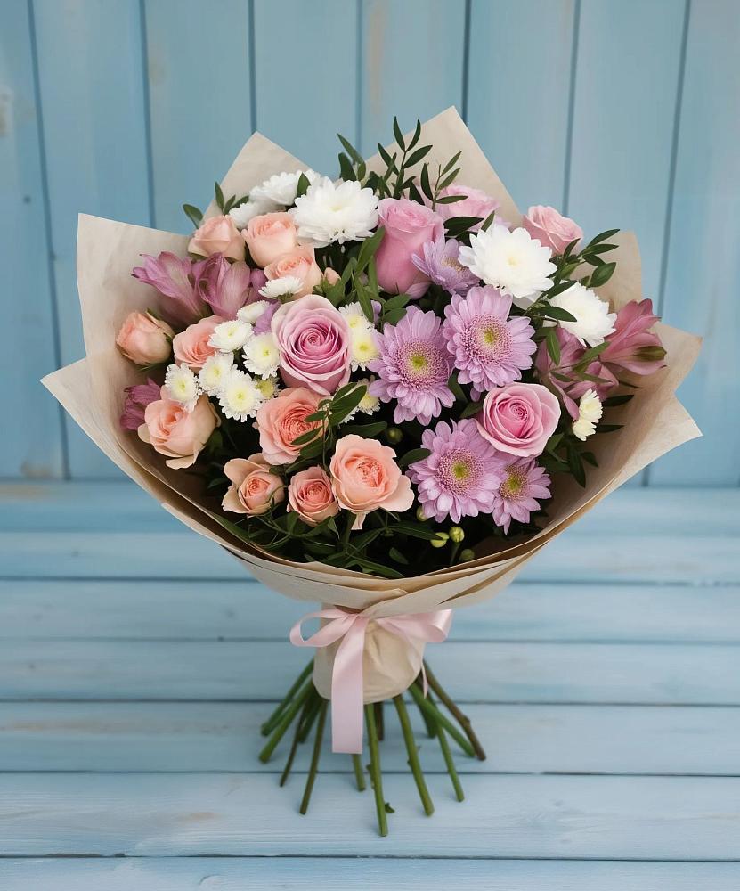 Букет цветов из: Хризантемы, Розы и Альстромерии в Павловском Посаде