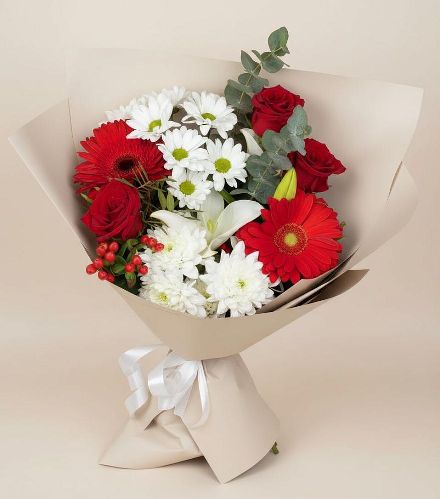 Букет цветов из: Розы, Хризантемы, Герберы и Лилии в Павловском Посаде