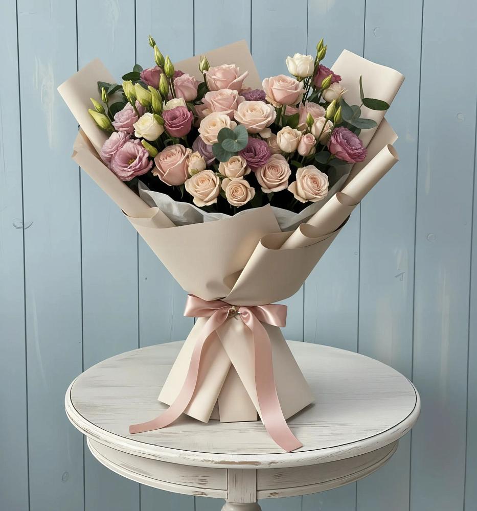 Букет цветов из: Розы и Лизиантусы в Павловском Посаде