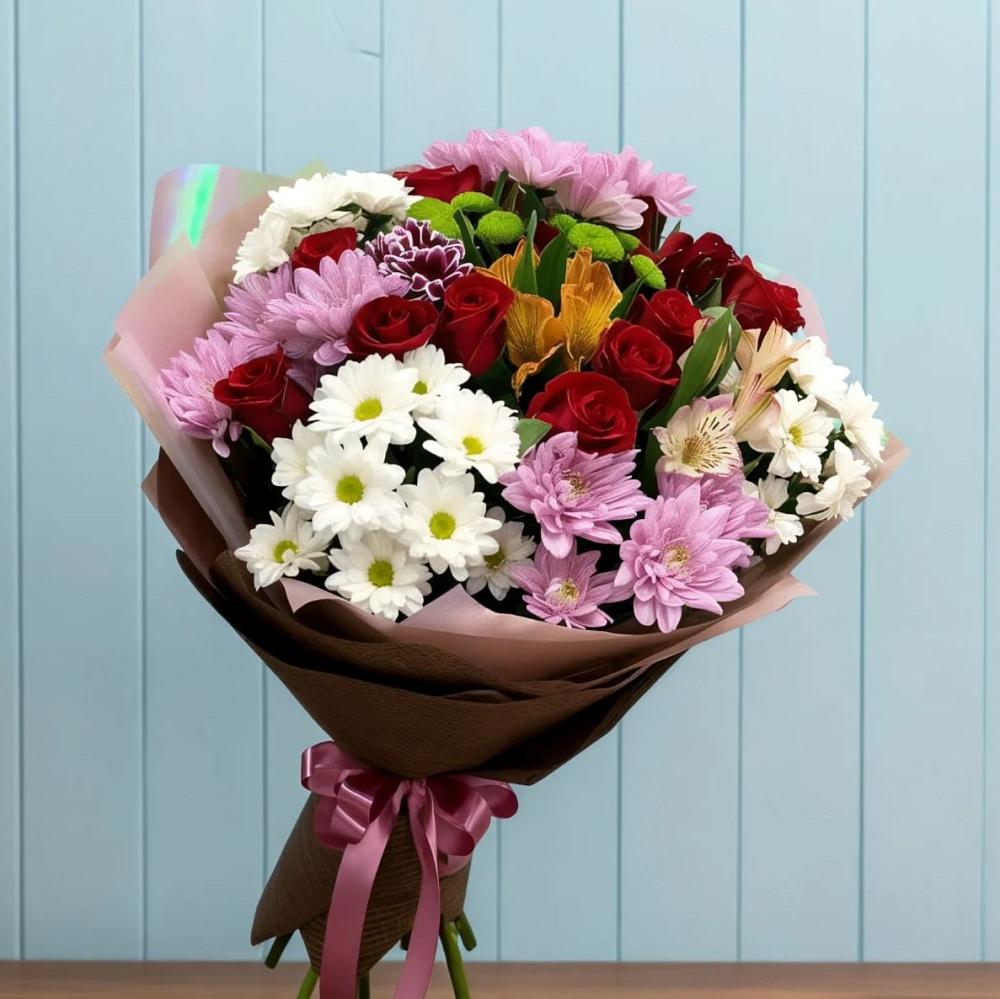 Букет цветов из: Розы, Хризантемы и Альстромерии в Павловском Посаде