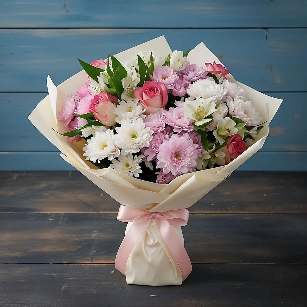 Букет цветов из: Хризантемы, Альстромерии и Розы в Павловском Посаде